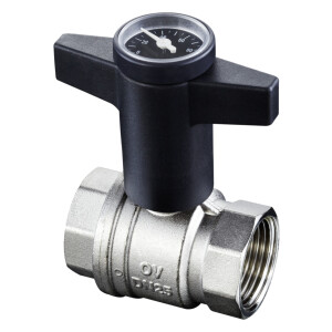 Oventrop Kugelhahn mit Kunststoff Knebelgriff Optibal mit Innengewinde PN 16, mit Thermometer DN 40, G 1 ½, Messing, vernickelt 1078012