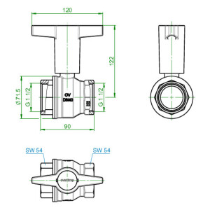 Oventrop Kugelhahn mit Kunststoff Knebelgriff Optibal mit Innengewinde PN 16, mit Thermometer DN 40, G 1 ½, Messing, vernickelt 1078012