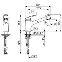 Hansa Küchenarmatur Hansamix Ausladung 235mm mit ausziehbarer Handbrause chrom 01382283