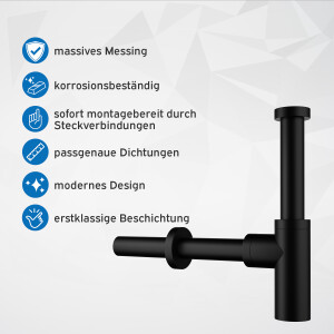 kör4u Design-Set schwarz matt - Siphon mit Pop-Up Ablaufventil und zwei Eckventilen