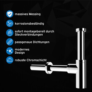 kör4u Design-Set chrom - Siphon mit Pop-Up Ablaufventil und zwei Eckventilen